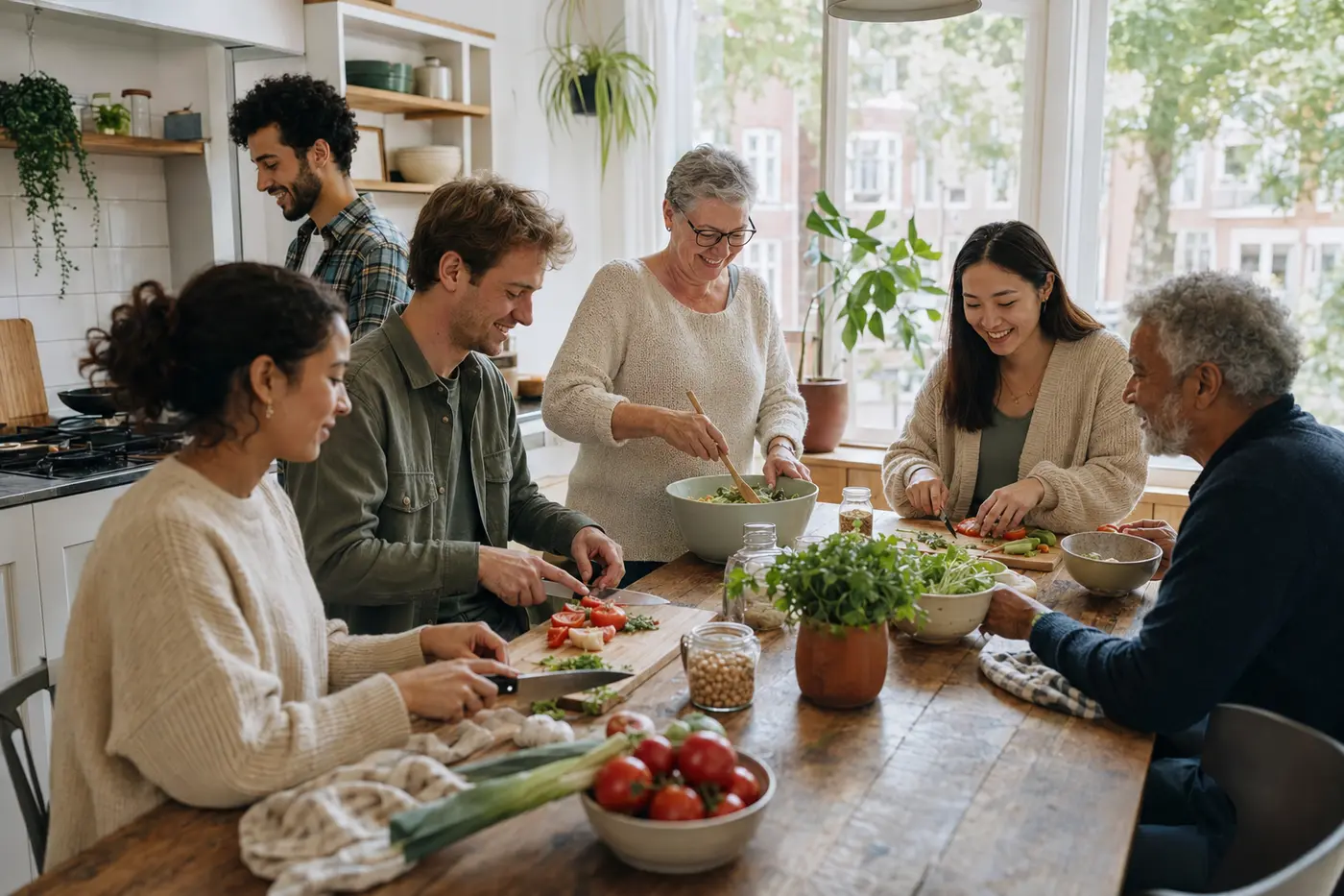 Jongeren en ouderen koken samen aan tafel