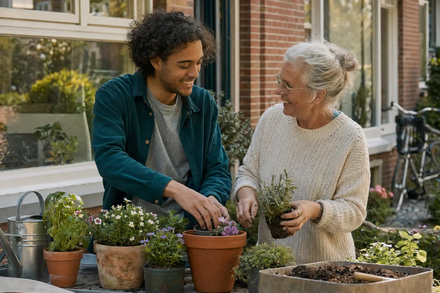 Een jongere en oudere verzorgen samen planten
